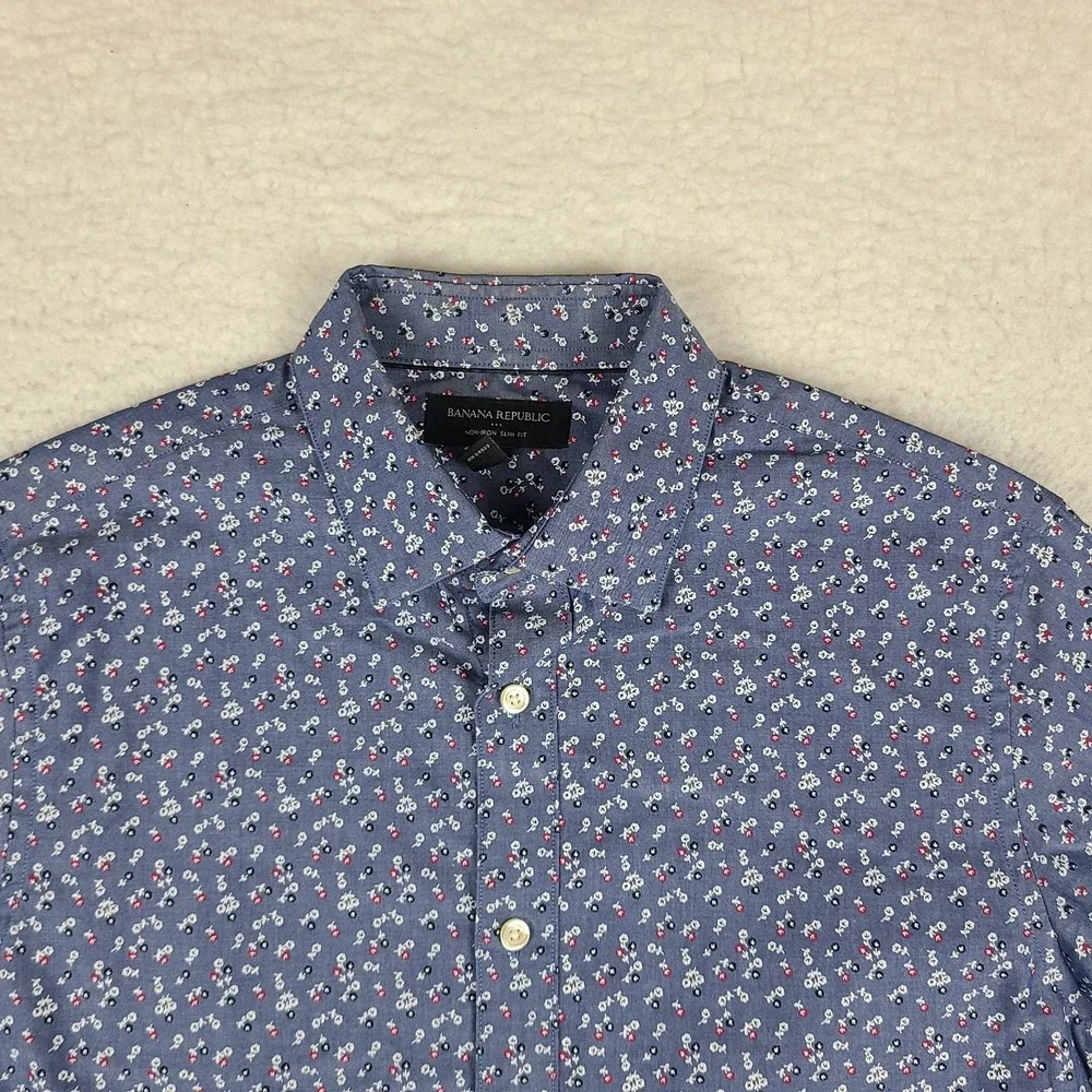Banana Republic Dress Shirt Mens Small Blue Floral Non Iron Slim Fit Button Up *